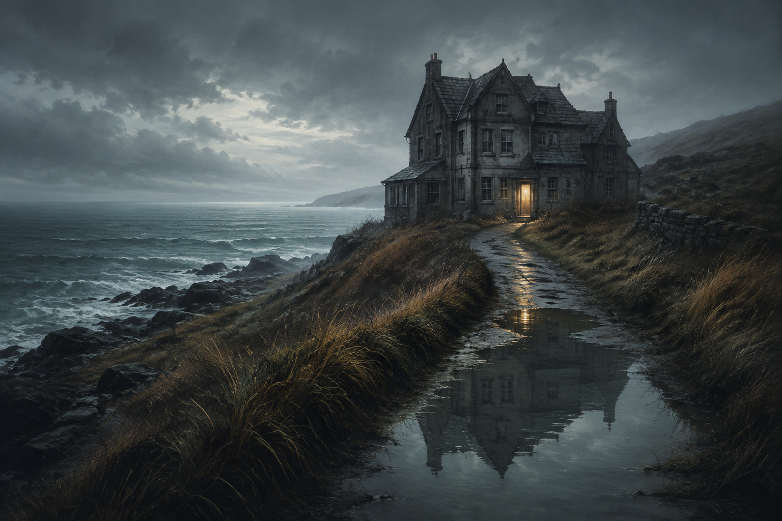 A solitary coastal guesthouse glowing above dark water as a storm approaches
